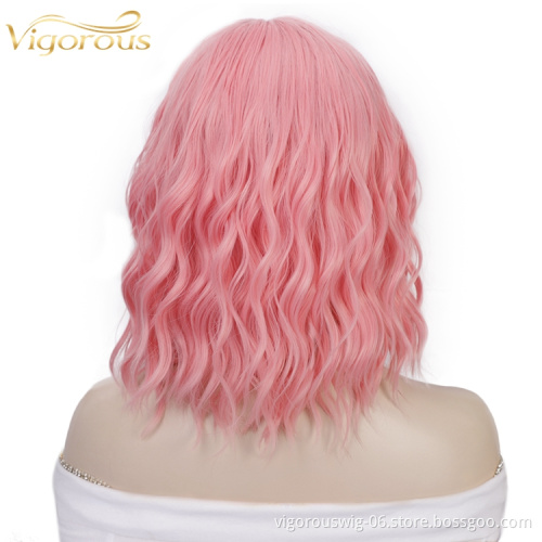Peruvian Wholesale Natural Pink Glueless Cheap Curly Short Bob Vendor For Black Women Ladies Cosplay Synthetic Hair Wigs